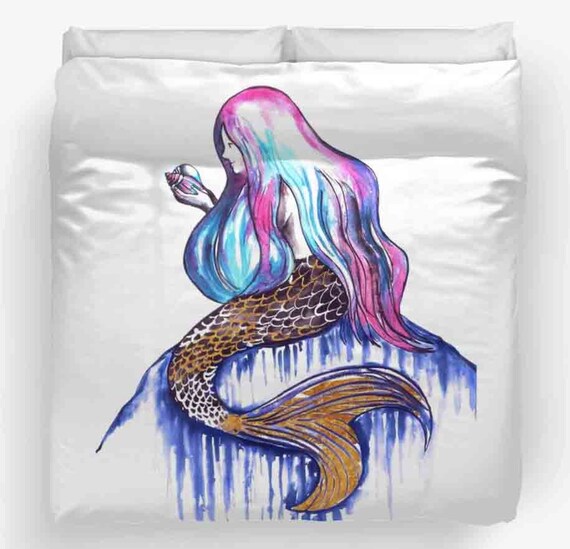 Pink Mermaid Duvet Cover Blue Watercolor Mermaid Duvet Cover Etsy