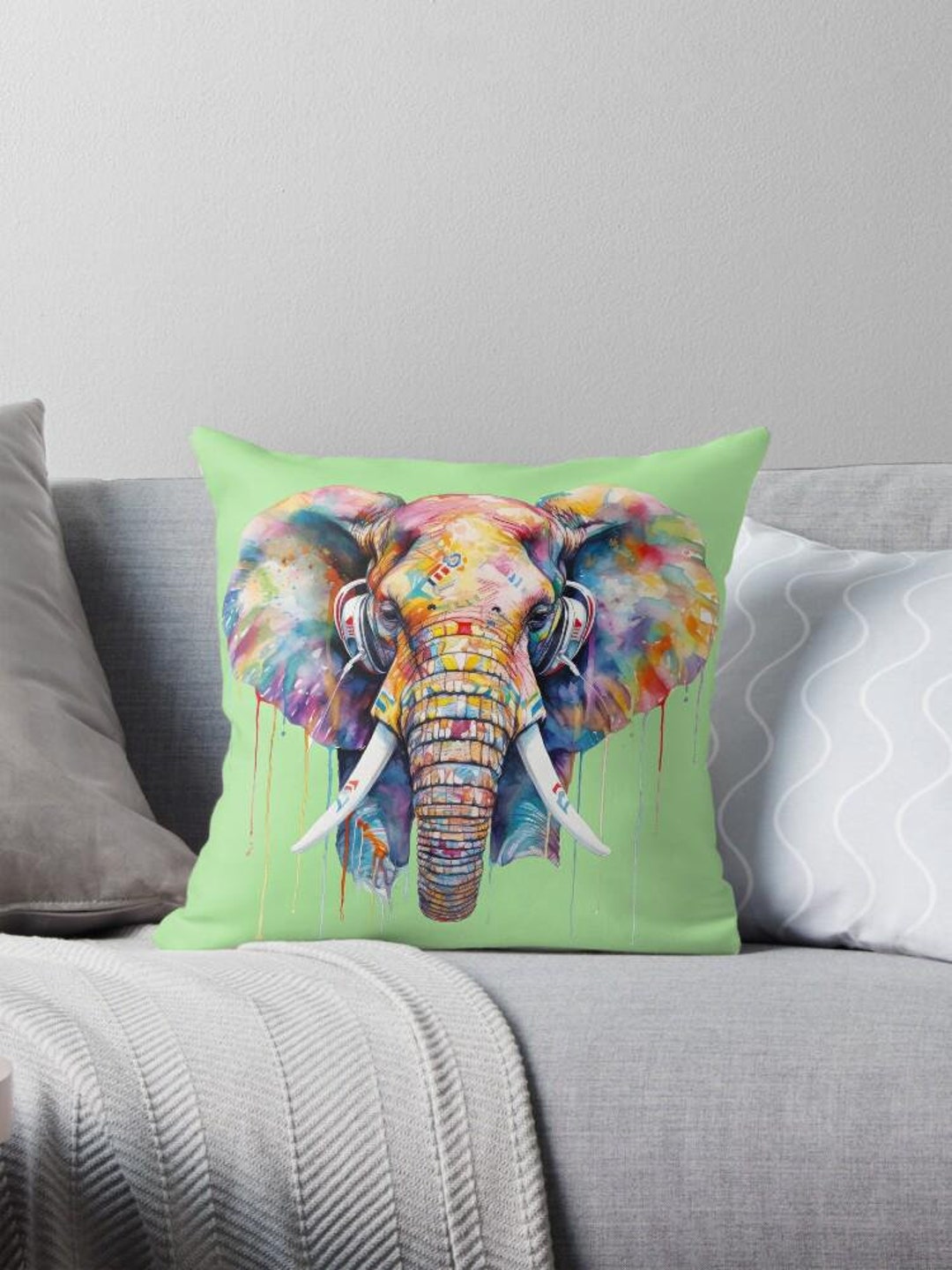 Green Elephant Pillow, Elephant Drip Design, Headphones Elephant Pillow ...