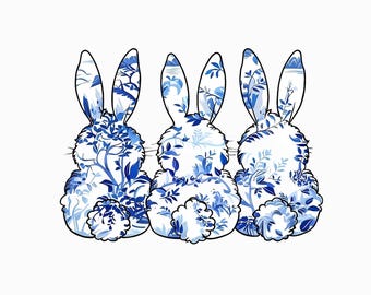 Chinoiserie Bunnies Blue and White, Chinoiserie Florals Png, Bunny Trio Chinoiserie Bunnies Digital Download PNG Easter Design floral