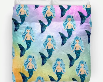 Mermaid Bedding Comforter Set or Duvet Cover Twin, Full, Queen, King Lavender, Blue, Pink Watercolor Twin girl's bedroom rainbow mermaids