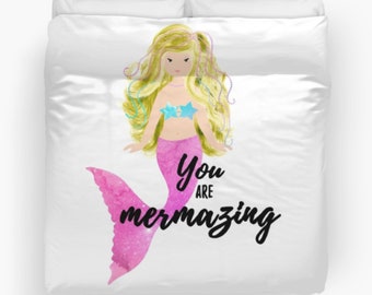 Mermaid Bedding Comforter Set or Duvet Cover Twin, Full, Queen, King pin mermaid you are mermazing  Watercolor Twin girl's rainbow mermaids