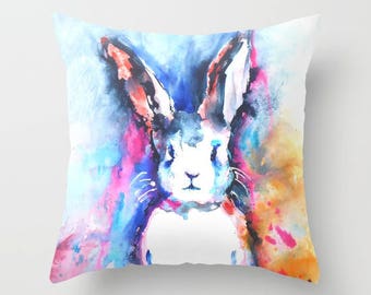 Rabbit Cushion Cover Rabbit Pillow Case Rainbow Rabbits Bunny Pillow cover Gifts for Girls Blue Bunnies Pillow cover 16x16 18x18 20x20