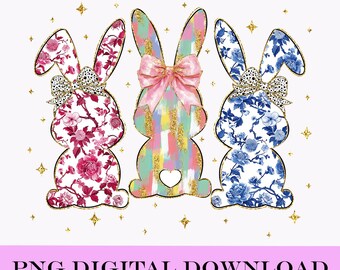 Bunny Trio Chinoiserie Bunnies Digital Download PNG Easter DesignBunny Trio png, Happy Easter PNG, Floral Chinoiserie Png,