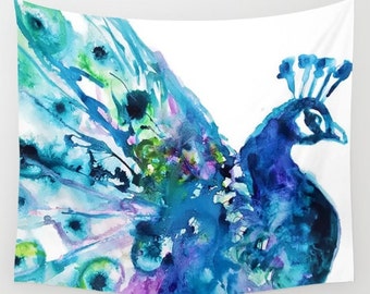 Peacock Tapestry, Peacock Wall Hanging, Bird Painting, Blue Bird Art, Birds Painting, Pretty Blue Painting Gift for her gift for graduation