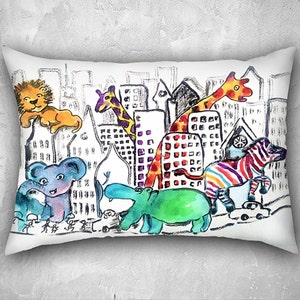 Zoo pillow, animal pillow covers, nursery pillows, nursery decor, cushion cover, funny animal art, zoo animals, children&#39;s room decor