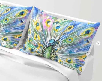 Peacock Pillow Sham pillow case bedding blue boho pillow tween gift pre teen gift Girls bedoom Decor purple peacock bedding