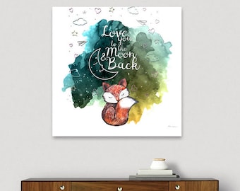 Peut inclure: Une illustration aquarelle d'un renard dormant sur un croissant de lune avec le texte "Love you to the moon & back" en lettres blanches sur un fond aquarelle vert et bleu.
