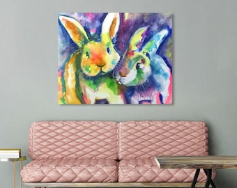 Bunny Rabbit Canvas Art Print Colorful Rabbits Bunnies Kawaii lindo regalo para el mejor amigo Ready 2 Hang Large Artwork Woodland vivero