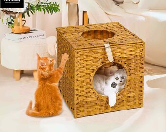 Wicker Katzenbett mit Rattan Ball und Kissen, Handgewebtes Katzenhaus für Indoor-Katzen, Gemütliche Katzenhöhle Verstecke, Rattan Moderne Katzenmöbel Geschenke