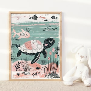 Impresión de arte de tortuga marina para dormitorio de temática oceánica de guardería Neutral para niños, arte de pared de animales marinos para niños, póster marino