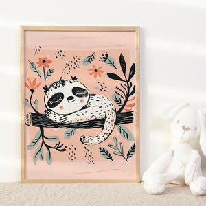 Niedliches Faultier schläft auf einem Zweig Wald Wandkunst für Mädchen Kinderzimmer Boho Tier Dekor für Kinder Schlafzimmer Druck für Kinderspielzimmer Poster
