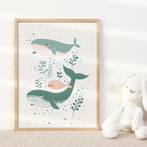 Friedliche Blauwale Wandkunst für Neutrales Kinderzimmer Dekor für Kinder Ozean Tierdruck Meeressäugetier Poster