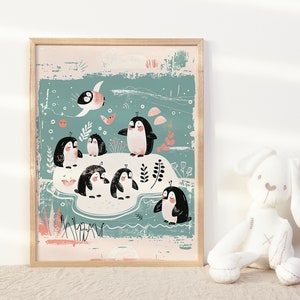 Arte de pared de grupo de pingüinos, decoración de pared de guardería ártica, impresión de sala de juegos de animales marinos para dormitorio de niños, póster con tema del océano