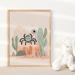 Arte de pared de tarántula en el desierto para decoración de habitación de niños, póster neutro para guardería, bohemio