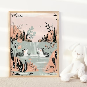 Adorables nutrias juguetonas, arte de pared para guardería, decoración neutra para habitación de bebé, bonita impresión artística para habitación de niños con nutrias