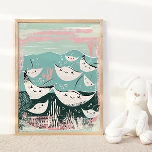Staffel von Manta Rochen Kunstdruck für neutrales Kinderzimmer Ozean Thema Schlafzimmer für Kinder unter dem Meer Tier Wandkunst für Kinder Marine Poster