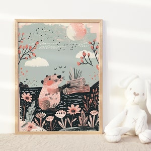 Adorable arte de pared de guardería de castor, decoración de habitación de bebé con animales del bosque, impresión bonita del hogar del edificio del castor, arte de habitación de niños