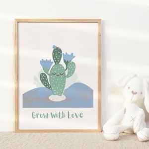 Wachsen mit Liebe Kaktus Druck Positive Affirmation Wandkunst für Kinder Inspirational Poster für Kinderzimmer Dekor
