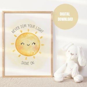 Shine On Positive Affirmation Wall Art for Neutral Nursery Sunshine Print For Kids Room Decor Watercolor Printable Art Playroom Poster