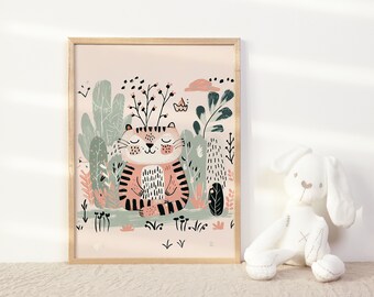 Meditating Tiger Nursery Wall Decor Tropical Jungle Kids Room Art Botanical Print