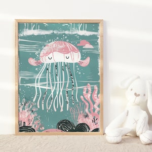 Impresión artística de medusas tranquilas para dormitorio neutro con temática oceánica para niños, arte de pared de animales marinos para niños, póster marino