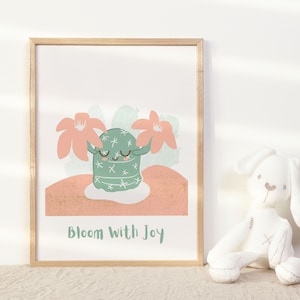 Blüte mit Freude Kaktus Druck Positive Affirmation Wandkunst für Kinder Inspirational Prints für Kinderzimmer Wanddekoration