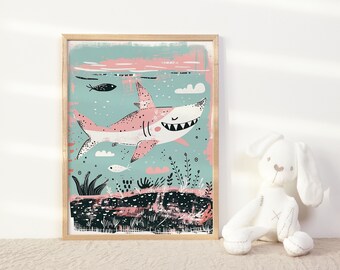 Happy Shark Neutral Nursery  Ocean Theme Bedroom For Kids Under The Sea Animal Wall Art For Children Marine Poster