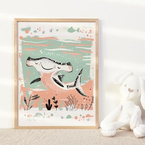 Hammerhead Shark Art Print for Neutral Nursery Ocean Theme Bedroom For Kids Under The Sea Animal Wall Art For Children Marine Poster