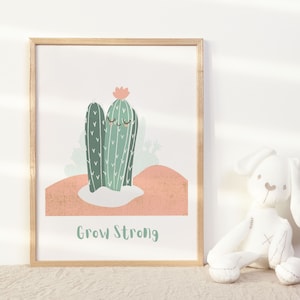Grow Strong Kaktus-Druck, positive Affirmations-Wandkunst für Kinder, inspirierende Drucke für die Wanddekoration im Kinderzimmer