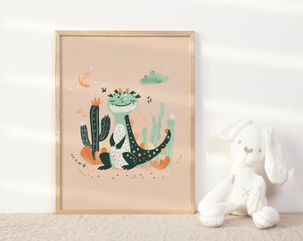 Little Green Lizard Wall Art for Kids Room Decor Desert Theme Neutral Nursery Poster Boho Playroom Art Print