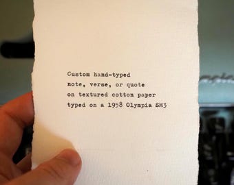 Nota mecanografiada personalizada: nota escrita a mano, versículo bíblico o cita en papel de algodón de 4x6 pulgadas con bordes irregulares.