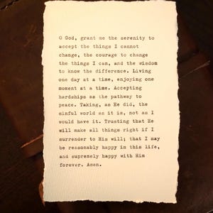 Hand Typewritten Note - The Serenity Prayer on Deckled Cotton 4x6 Paper