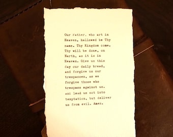 Oración a nuestro padre - Nota escrita a máquina hecha a mano en papel de algodón de 4x6 con borde irregular, decoración con borde rasgado