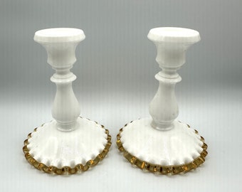 Fenton Milk Glass Silver Crest Candlesticks 6" Candle Holders (set of 2) (1940s)