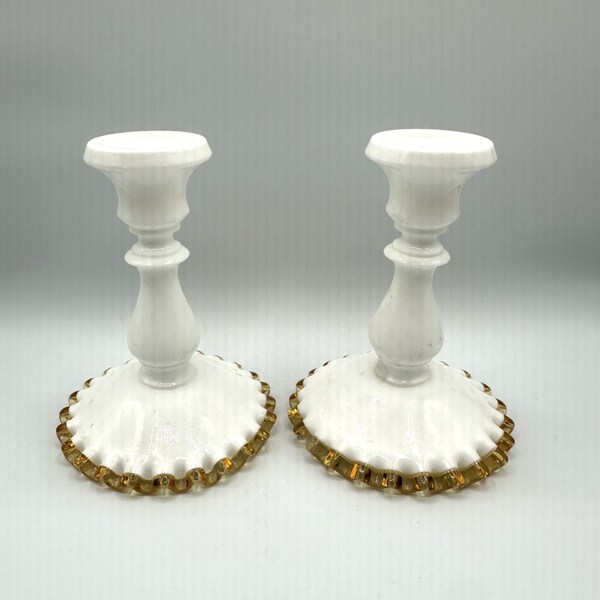 Fenton Milk Glass Silver Crest Candlesticks 6" Candle Holders (set of 2) (1940s)