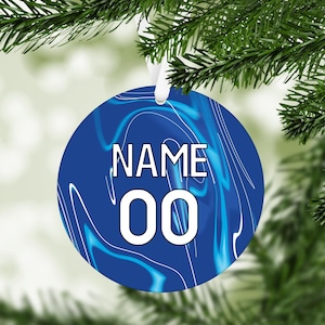 Personalised Chelsea 2024/25 Home Kit Style MDF Football Christmas Flat Bauble  – Football Fan Gift