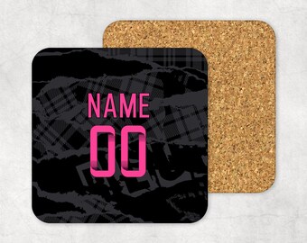 Personalised Chelsea Women 2024/25 Third Kit Style Coaster, 9cm x 9cm MDF Cork Backed Women&#39;s Football Fan Gift - Pink Lettering