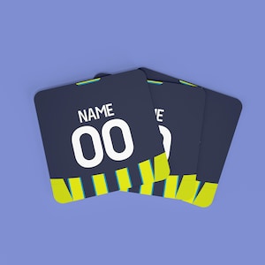 Personalised Man City Football Away Style Coaster, 9cm x 9cm MDF Cork Backed Football Fan Gift