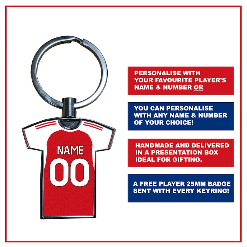Personalised Arsenal Football 2025/26 Home Kit Style Metal Shirt Keyring – Fan Gift image 6