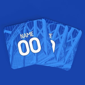 Personalised Chelsea Football 2025/26 Home Kit Style Coaster, 9cm x 9cm MDF Cork Backed Football Fan Gift
