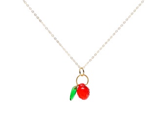 Red Strawberry Czech Glass Fruit Necklace 14K gold