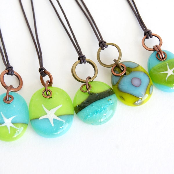 Glass drop necklaces with copper brass with silver star, one of a kind assortment of turquoise green patina kiln fired fused glass pendants