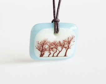 Winter Trees Necklace, nature jewelry, handmade glass pendant, landscape tree charm, camper hiking gifts, magical enchanted forest necklace