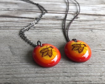 Honey Bee Necklace, beekeeper bee lover gift, bee charm necklace, entomology gifts, save the bees jewelry, boho fused glass pendant necklace