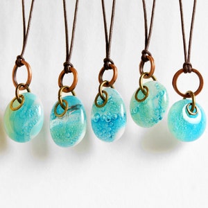 Glass drop necklaces with mixed metal copper and brass rings, one of a kind assortment of green blue patina kiln fired fused glass pendants image 2