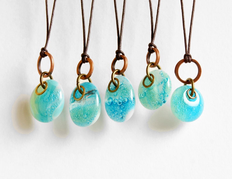 Glass drop necklaces with mixed metal copper and brass rings, one of a kind assortment of green blue patina kiln fired fused glass pendants image 2