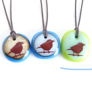 Singing Bird Necklace, sparrow jewelry, songbird fused glass pendant necklace, boho ornithology friendship necklace, mom bird watcher gift Mint / Light Olive