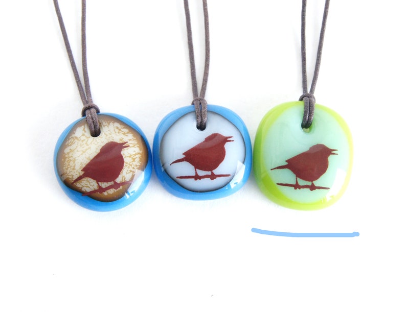 Singing Bird Necklace, sparrow jewelry, songbird fused glass pendant necklace, boho ornithology friendship necklace, mom bird watcher gift Mint / Light Olive