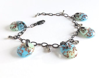 Glass Bracelet, aquamarine & pale mint sepia filigree design bohemian jewelry, adjustable chain kiln formed fused glass bead charm bracelet