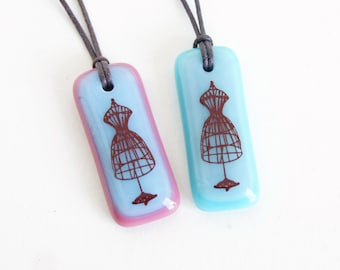 Dress Form Necklace, Fused Glass Pendant on Cotton Cord - Antique Dressmaker's Dummy - Gift for Art Student or Fashion Designer